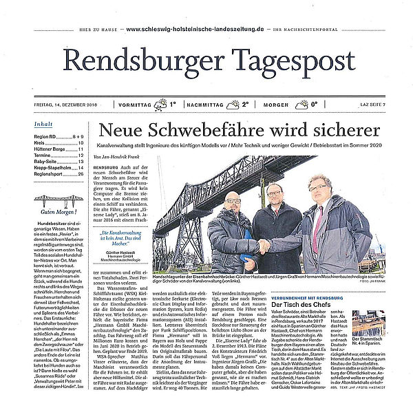 Im Norden weit öfter in der Presse als daheim: Günther Hastaedt auf der Seite Eins der Rendsburger Tagespost.  Foto: Hermann Maschinenbautechnologie 